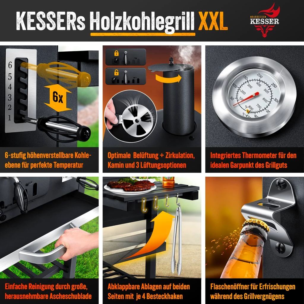 KESSER® Grill Grillwagen XXL Holzkohlegrill mit Deckel, Rädern, Edelstahl-Griff