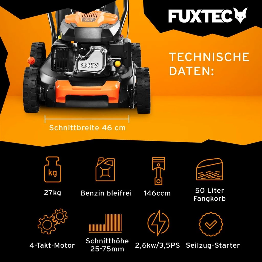 FUXTEC Benzin Rasenmäher mit 50L Fangkorb | 146ccm Motormäher | Benzinmäher 3PS | 460mm | 31kg |