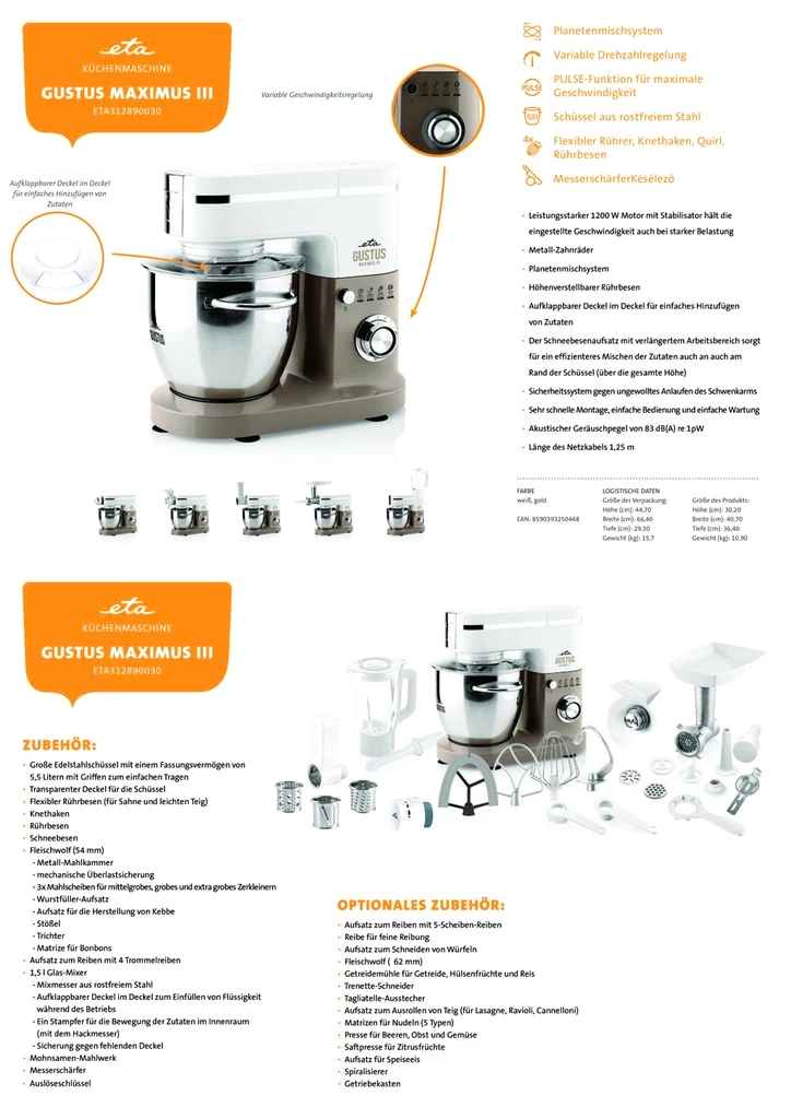 Küchenmaschine GUSTUS MAXIMUS III ETA312890030, 1200 W, Getriebe Metall Ausführung, Stufenlose
