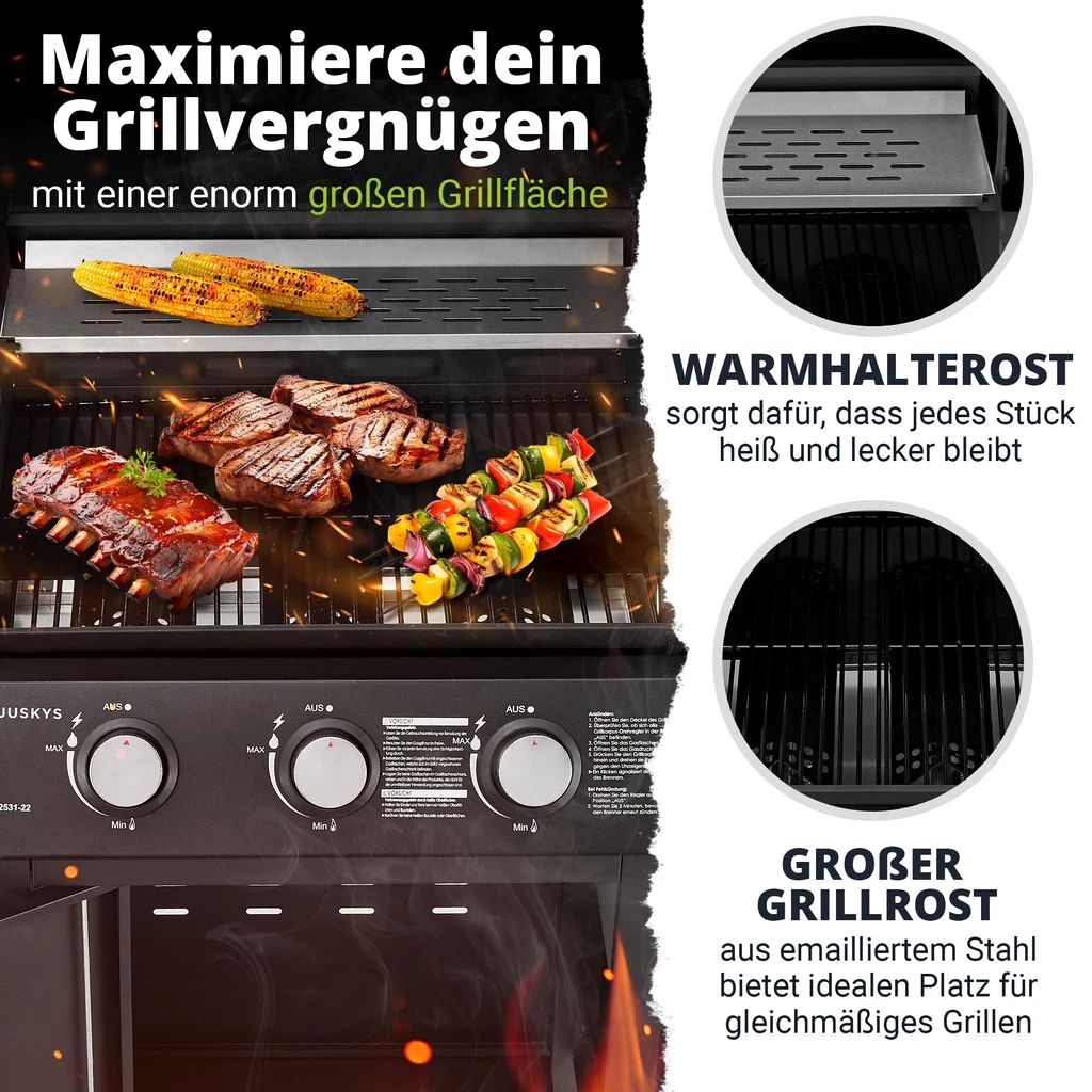 Juskys BBQ Gas-Grill Louisiana 8,1 kW - 3 Brenner Grillrost, Deckel mit Thermometer