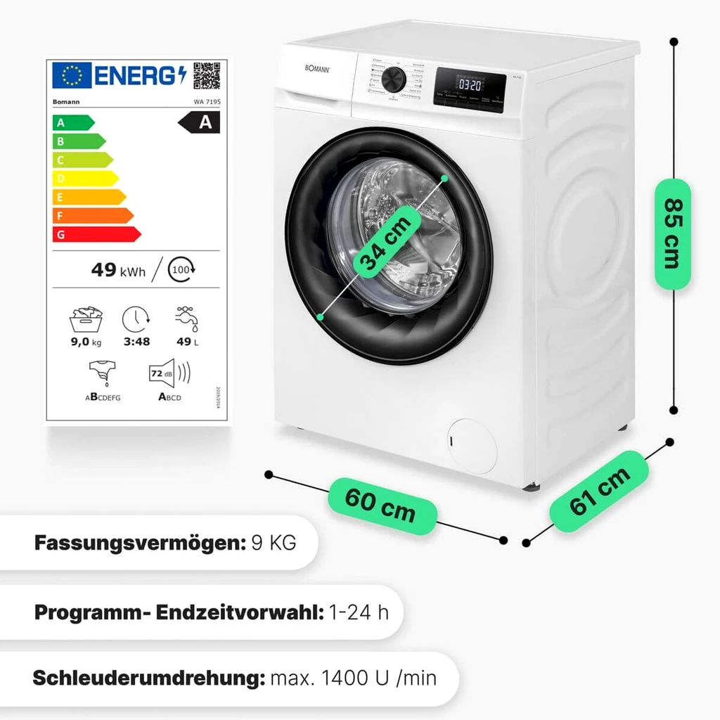 Bomann® Waschmaschine 9kg | max. 1400 U/min | effizienter