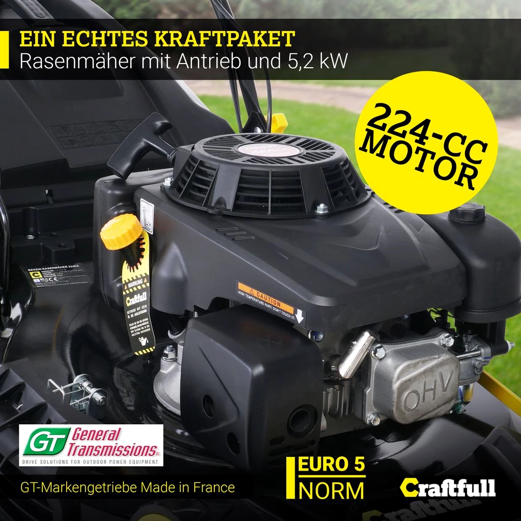 Craftfull Benzinrasenmäher CR-224-20 - 5in1 - GT-Leichtlaufgetriebe - 224-cc-Motor - Easy-Clean