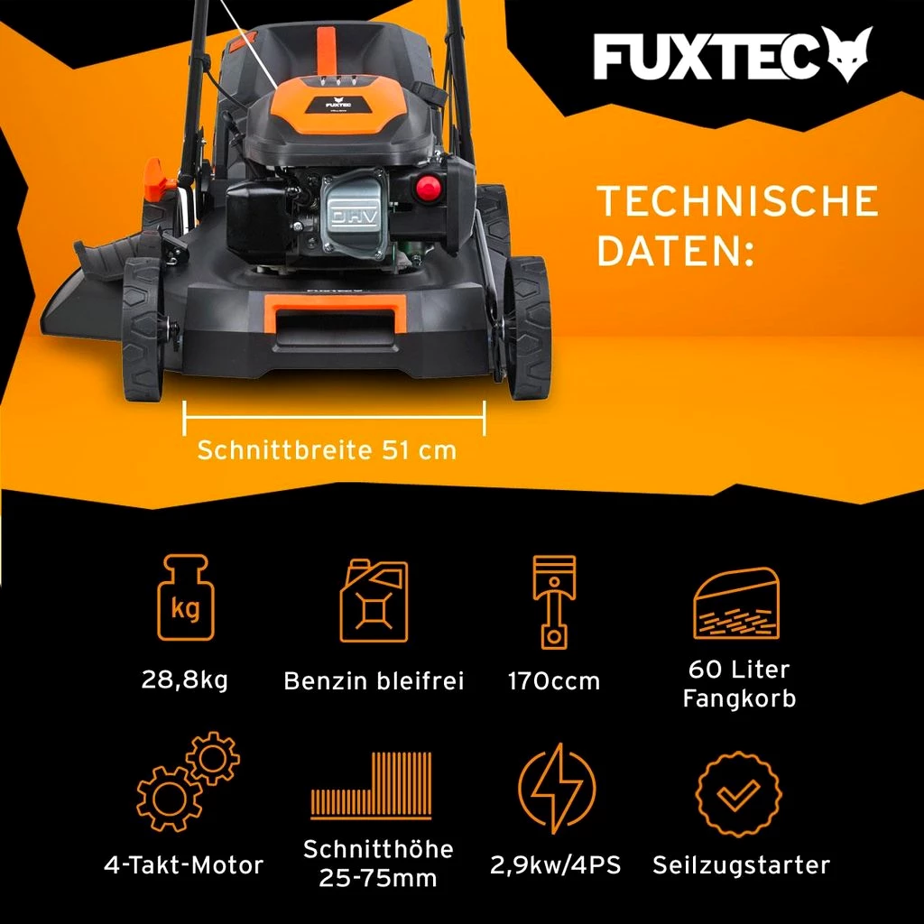 FUXTEC Benzin Rasenmäher mit flexiblem Antrieb| Motormäher | 4PS Benzinmäher | 510mm