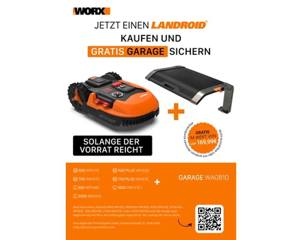 WORX 20V Akku-Mähroboter Landroid M500 18cm/500 m² mit App WR141E, inkl. Installationsmaterial