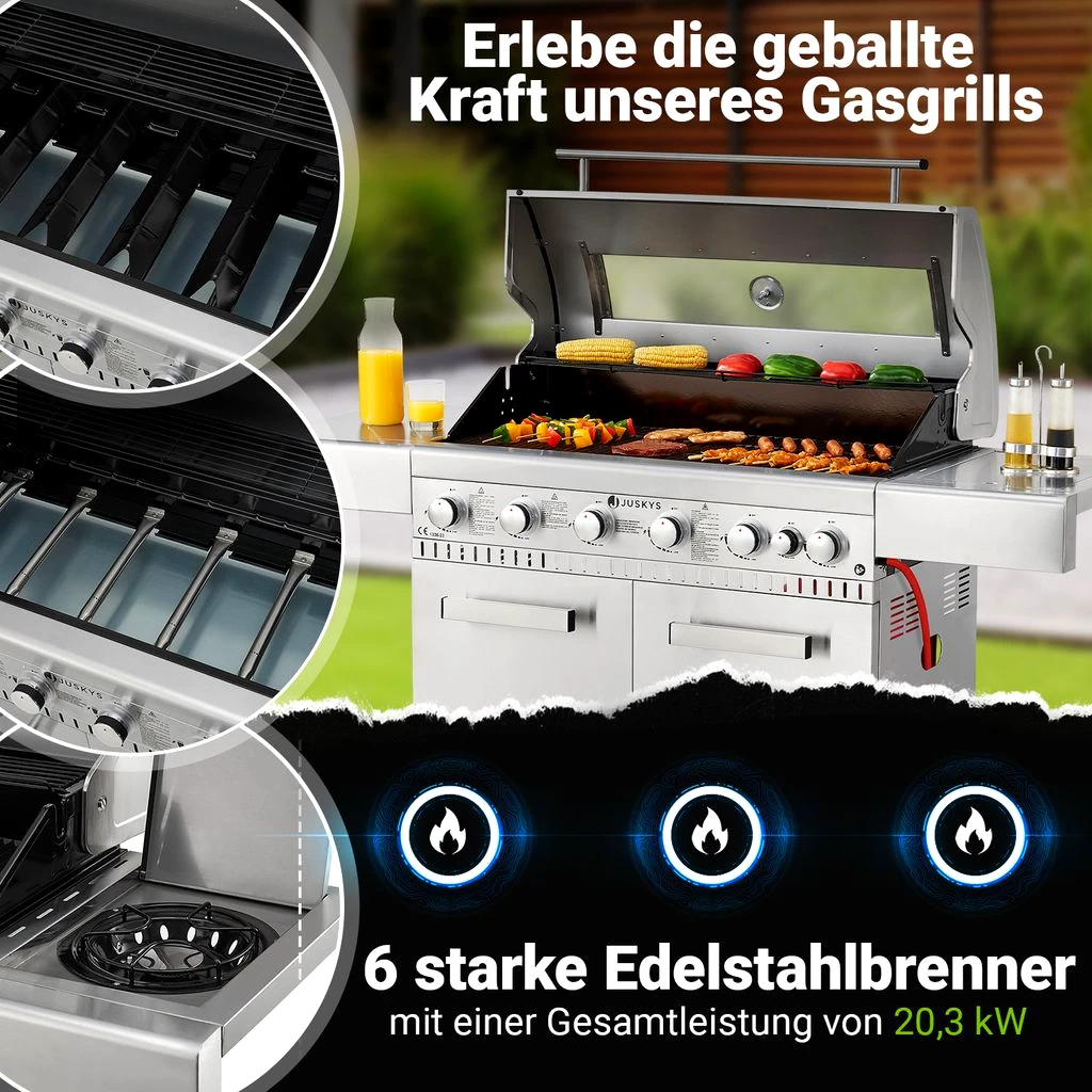 Juskys BBQ Gasgrill Minnesota - 6 Brenner & 1 Seitenbrenner - Edelstahl mit Gusseisen Rost