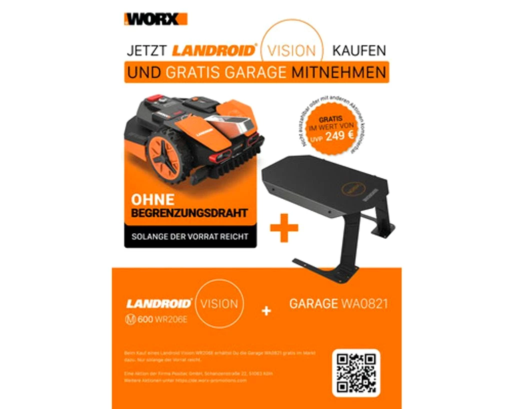 Akku-Mähroboter WORX 20V Landroid Vision M600 18cm/600m² mit App, ohne Begrenzungsdraht WR206E