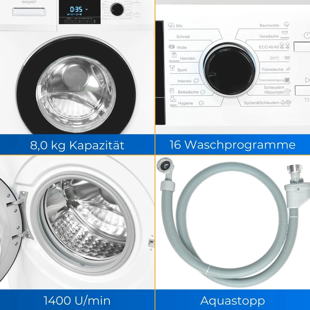 Exquisit Waschmaschine WA8214-340A weiss | 8kg | 1400 U/min | Aquastopp | Display |