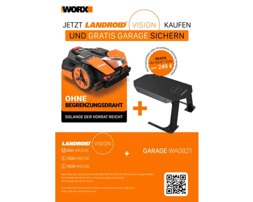 Akku-Mähroboter WORX 20V Landroid Vision L1600 22cm/1.600m² mit App, ohne Begrenzungsdraht WR216E