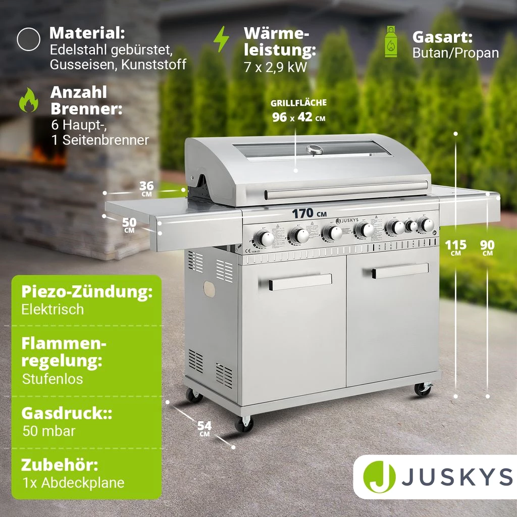 Juskys BBQ Gasgrill Minnesota - 6 Brenner & 1 Seitenbrenner - Edelstahl mit Gusseisen Rost