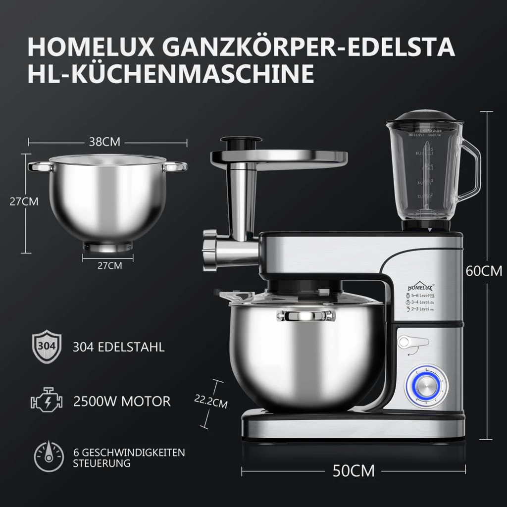 Küchenmaschine Homelux 2500W Knetmaschine,12 L Multifunktional Küchenmaschine,Teigmaschine