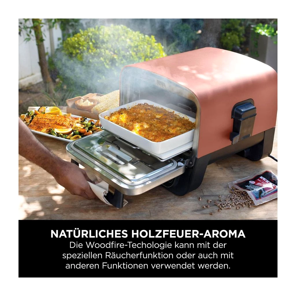 Ninja OO101EU Barbecue & Grill Elektrisch + Holzkohle Schwarz, Rot, Silber 2400 W