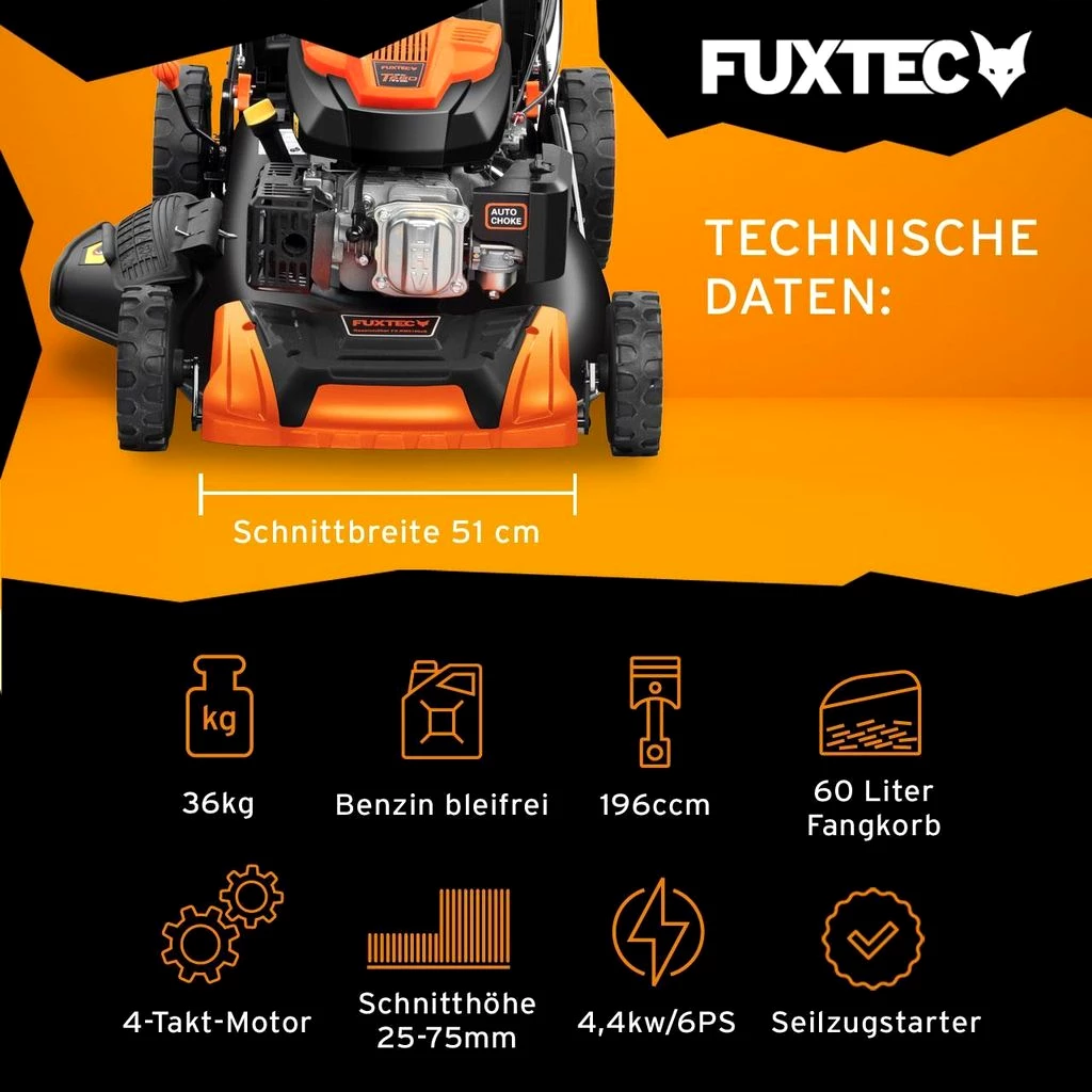 FUXTEC Benzin Rasenmäher mit Antrieb + FlexSpeed | Motormäher | 6PS Benzinmäher | 510mm